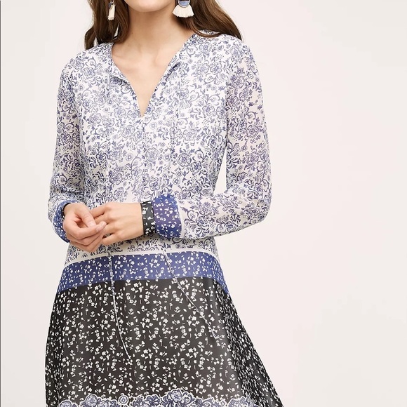 Anthropologie / shoshanna sky country silk dress in blue floral color block - Picture 3 of 6